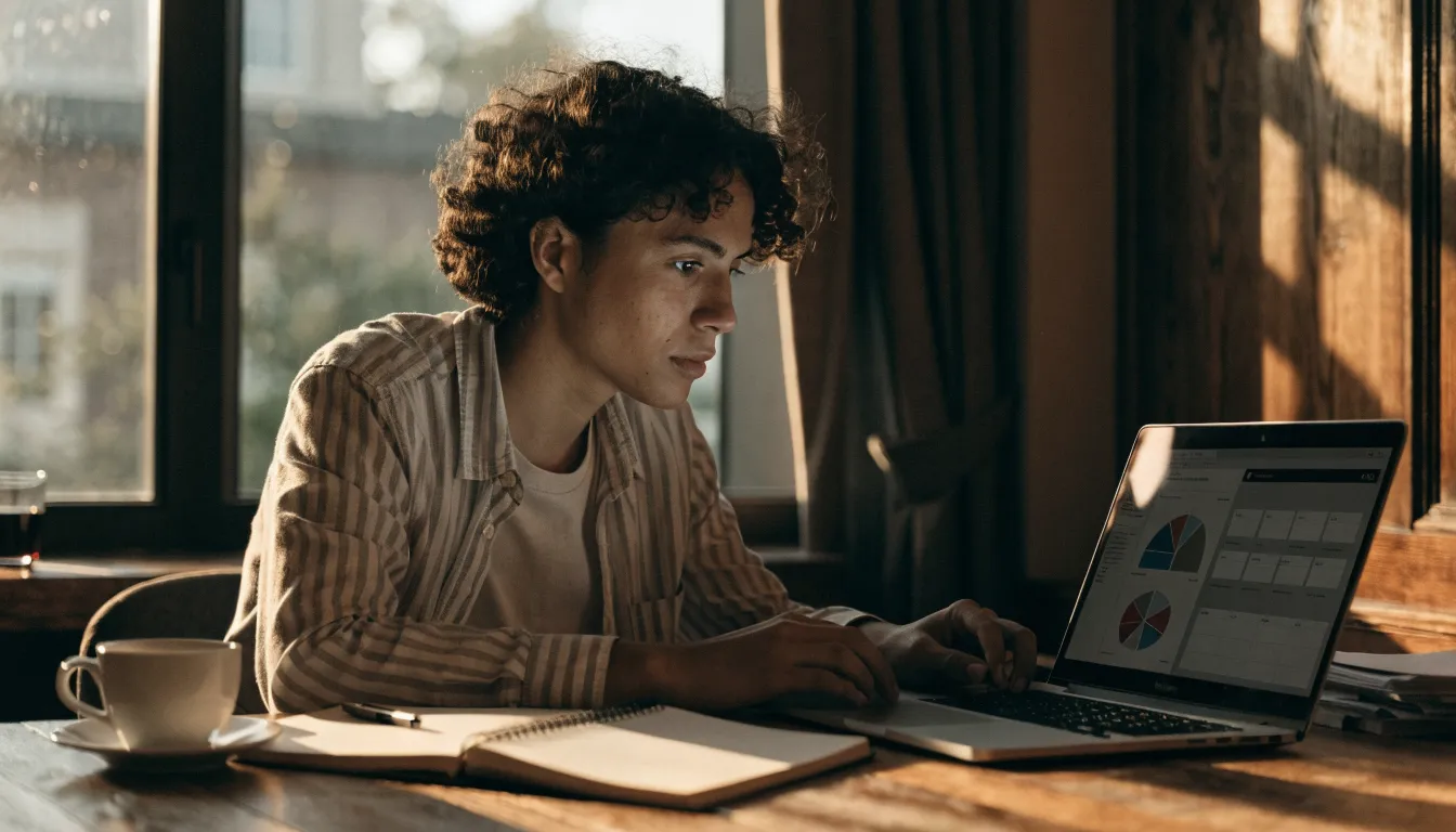 A business owner at a laptop reviewing marketing analytics and a sales pipeline