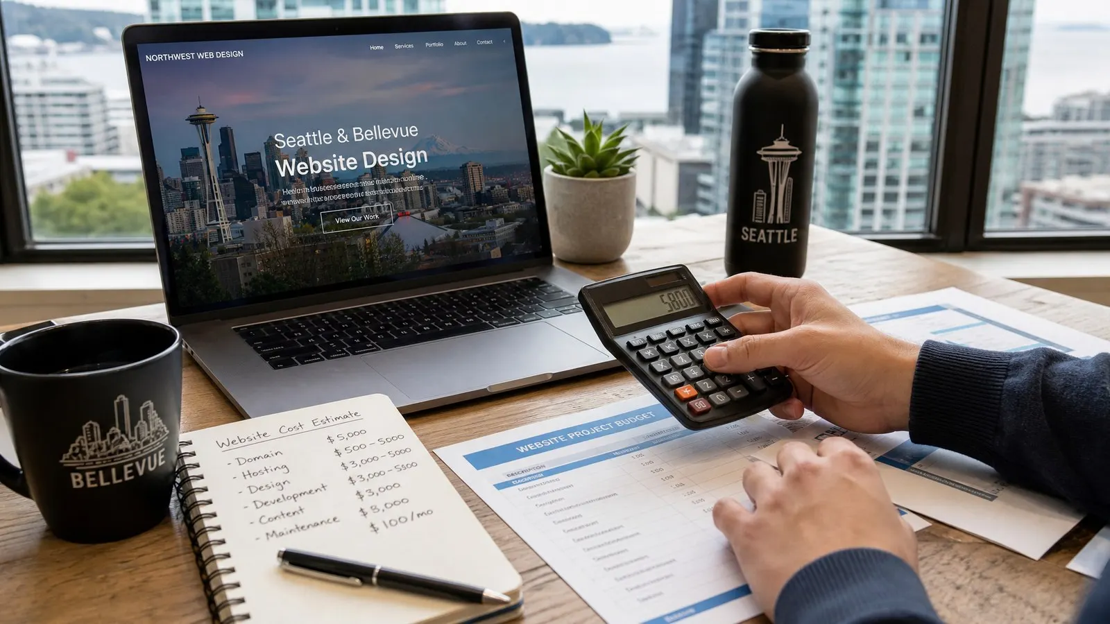 Planning a Seattle and Bellevue website cost estimate with a laptop, calculator and project budget