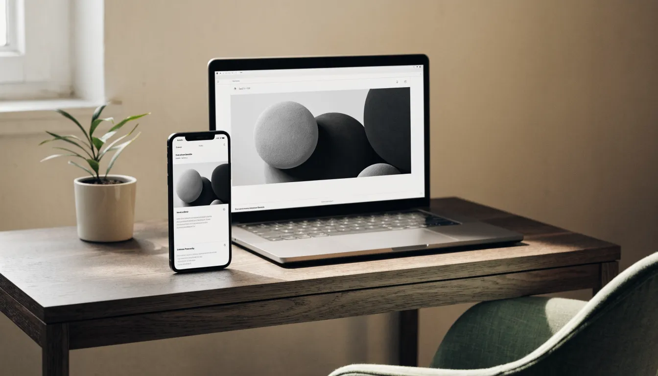 A smartphone and a laptop side by side on a desk, showing the same business website
