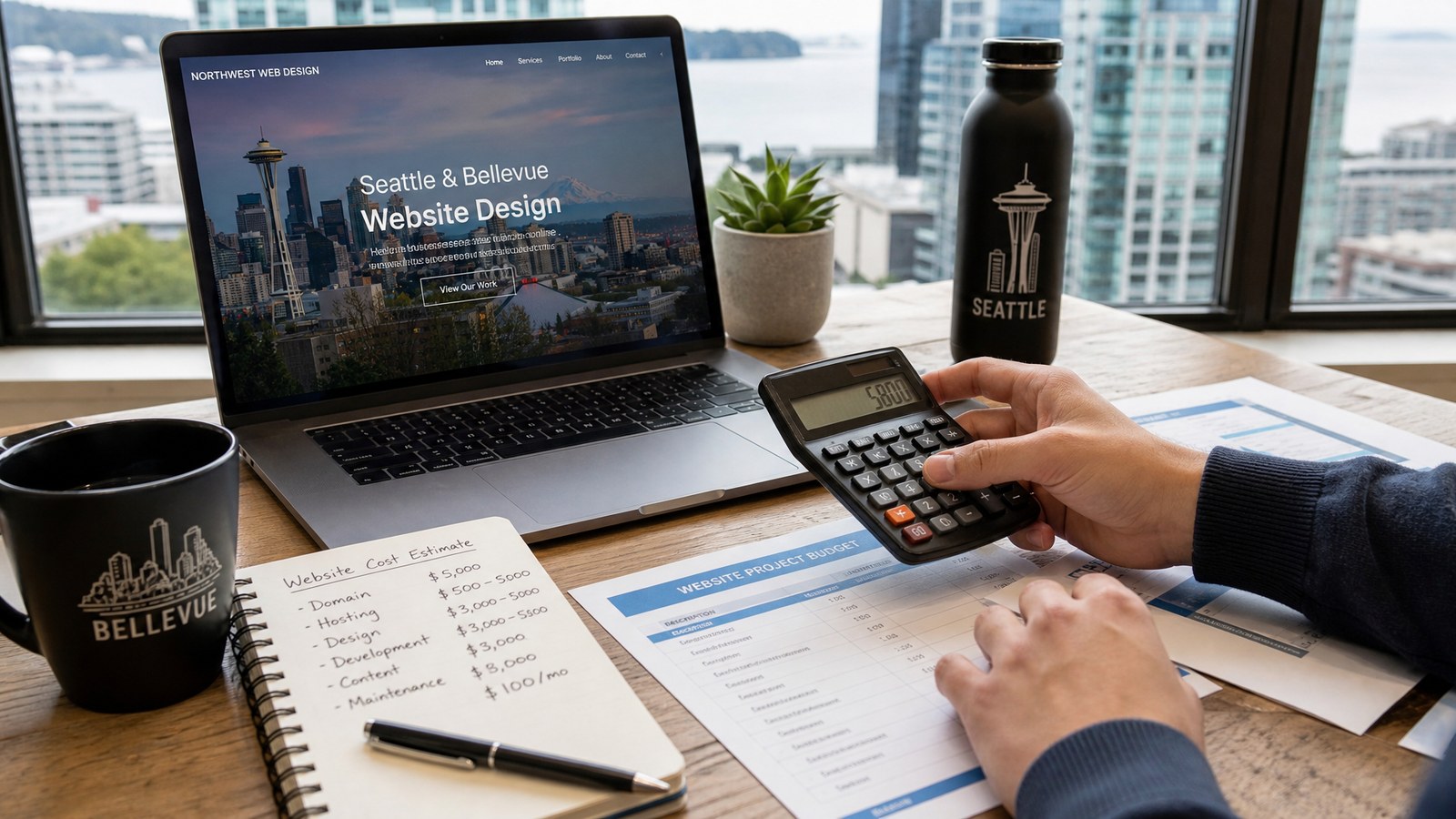 Planning a Seattle and Bellevue website cost estimate with a laptop, calculator and project budget