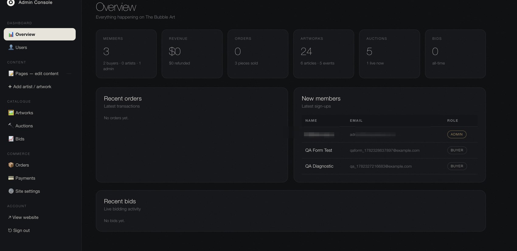 The Bubble Art admin console overview — members, revenue, orders, artworks, auctions and bids