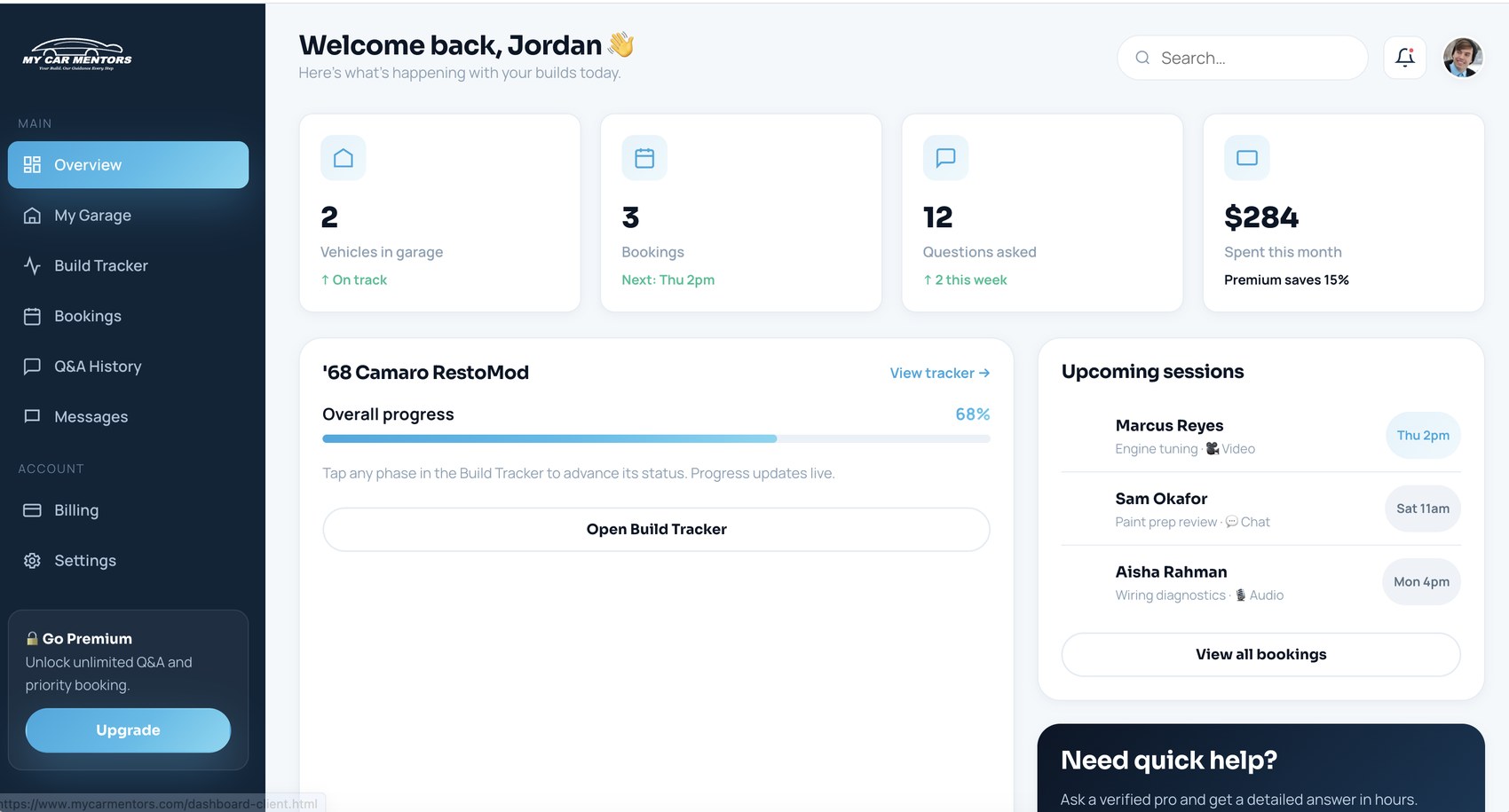 My Car Mentors dashboard showing sessions, build tracker and mentor tools