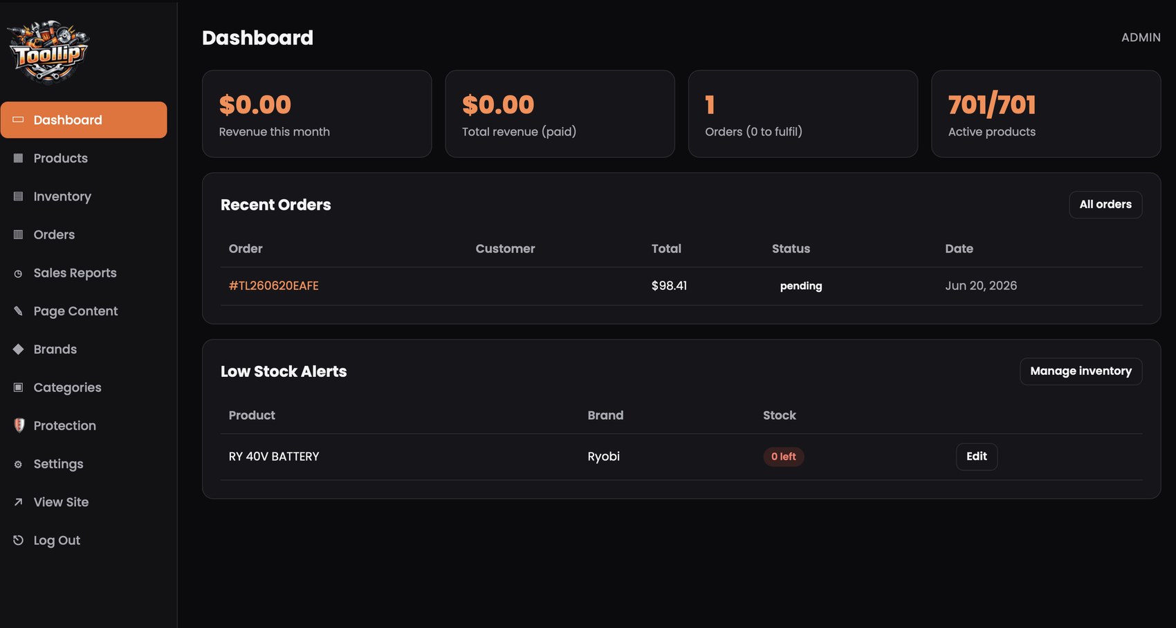 Toollip custom admin dashboard showing revenue, recent orders, inventory and low-stock alerts