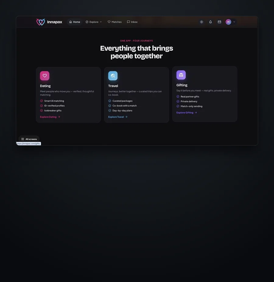 Innapax web app homepage, shown inside a dark mount