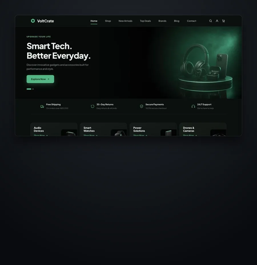 VoltCrate studio-project storefront homepage, shown inside a dark mount